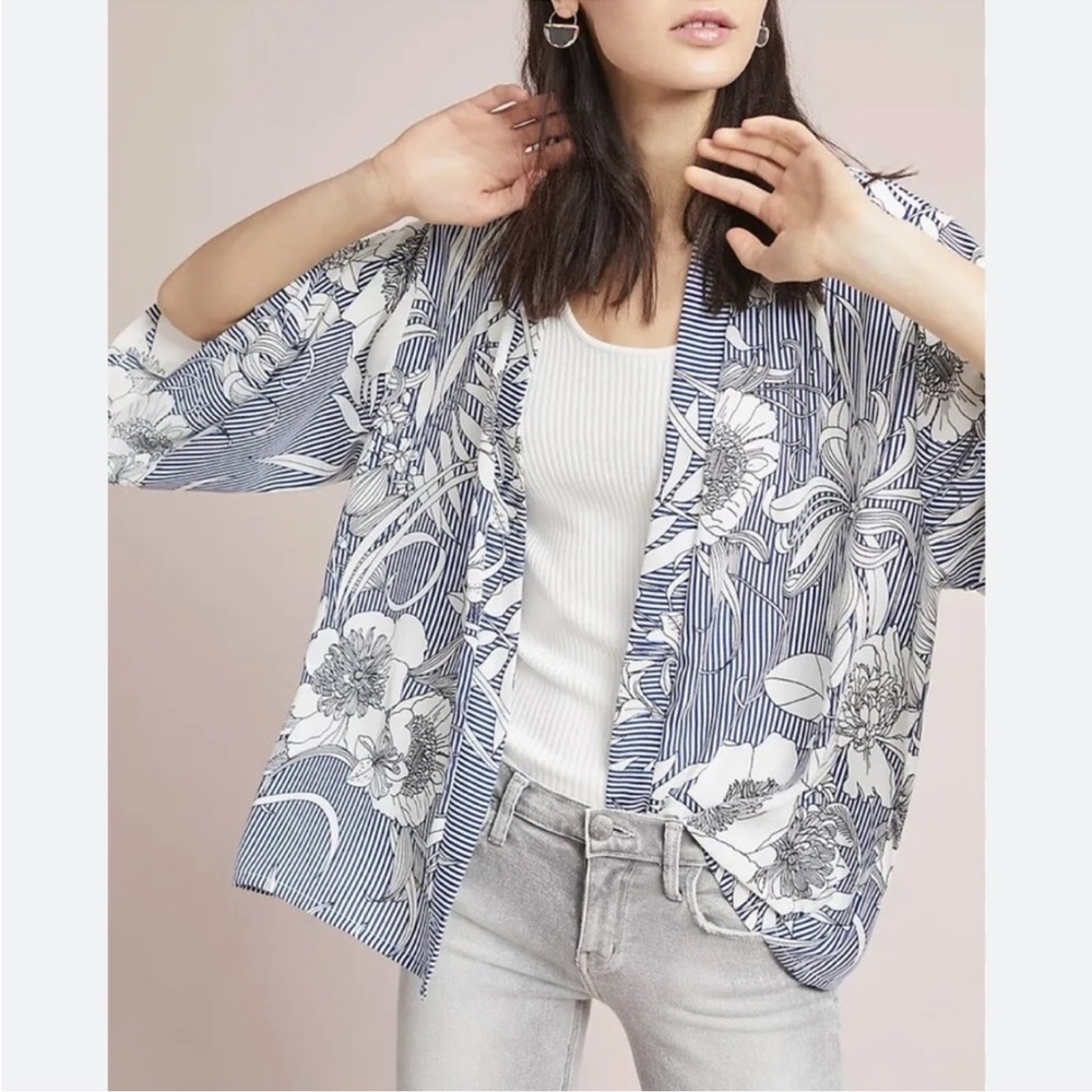 Akemi + Kin Anthropologie Savannah Blue White Floral Striped Kimono, OS